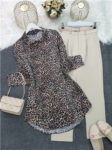 Leopar Desen Düğmeli Oval Kesim Gömlek -Leopar