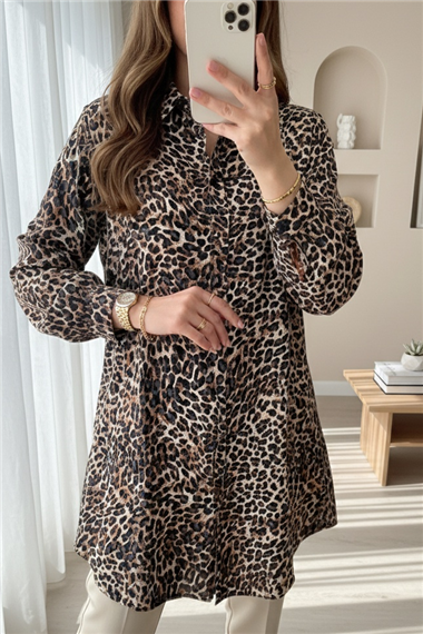 Leopar Desen Düğmeli Oval Kesim Gömlek -Leopar