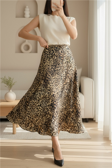 Leopar Desen Kloş Etek -Leopar