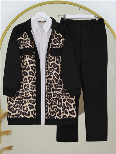 Leopar Desenli Cep Detaylı Fermuarlı Takım  -Siyah