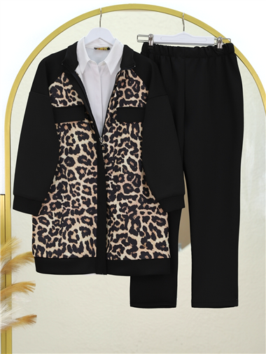 Leopar Desenli Cep Detaylı Fermuarlı Takım  -Siyah