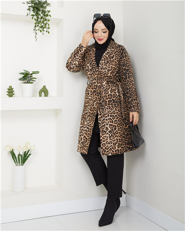 Leopar Desenli Kemerli Cepli Astarlı Kaşe Kap -Leopar