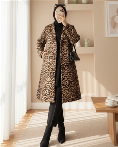 Leopar Desenli Kemerli Cepli Astarlı Kaşe Kap -Leopar