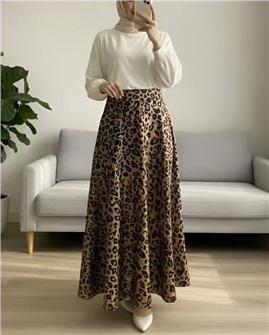 Leopar Desenli Scuba Etek -Vizon