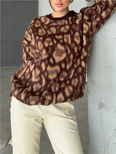 Leopar Desenli Yuvarlak Yaka Şardonlu Triko Tunik -Kahve