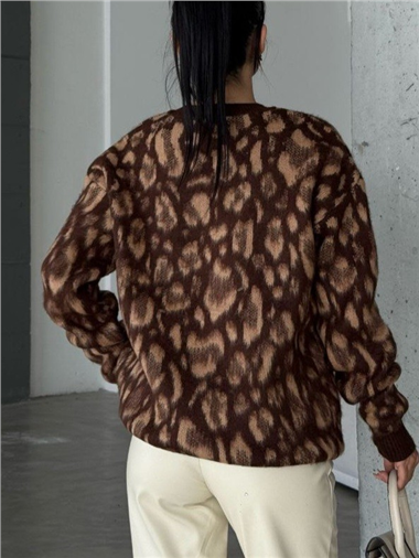 Leopar Desenli Yuvarlak Yaka Şardonlu Triko Tunik -Kahve
