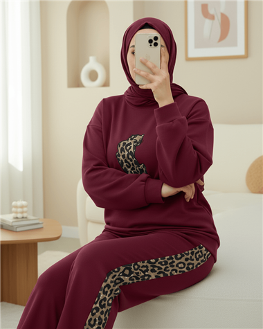Leopar Figürlü Ve Desenli Pantolonlu Scuba Takım  -Bordo