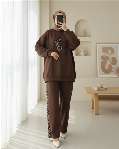 Leopar Figürlü Ve Desenli Pantolonlu Scuba Takım -Kahve