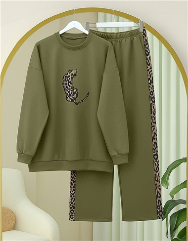 Leopar Figürlü Ve Desenli Pantolonlu Scuba Takım  -Zeytin