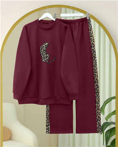 Leopar Figürlü Ve Desenli Pantolonlu Scuba Takım  -Bordo