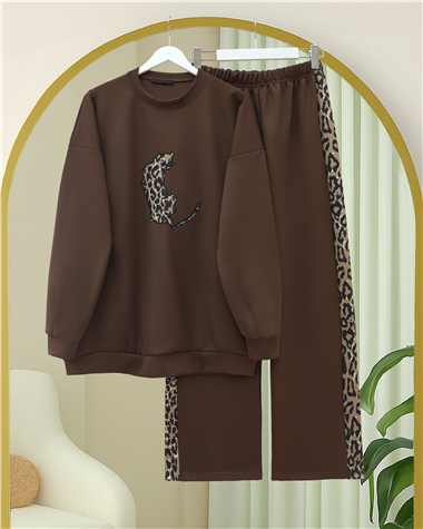 Leopar Figürlü Ve Desenli Pantolonlu Scuba Takım -Kahve