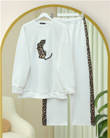 Leopar Figürlü Ve Desenli Pantolonlu Scuba Takım -Beyaz