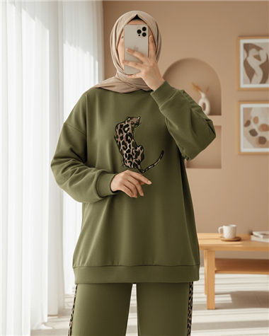 Leopar Figürlü Ve Desenli Pantolonlu Scuba Takım  -Zeytin