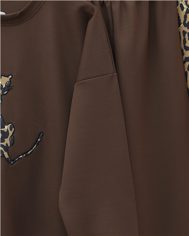 Leopar Figürlü Ve Desenli Pantolonlu Scuba Takım -Kahve