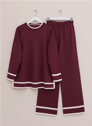 Manşetleri Şeritli İkili Triko Takım   -Bordo