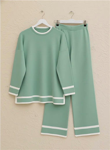 Manşetleri Şeritli İkili Triko Takım   -Su Yeşili