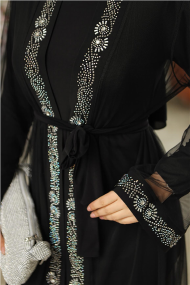 Manşetleri Taş İşlemeli Kemerli İkili Abaya Takım -Siyah