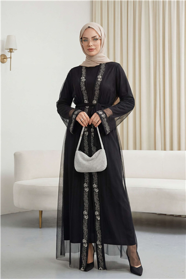 Manşetleri Taş İşlemeli Kemerli İkili Abaya Takım -Siyah