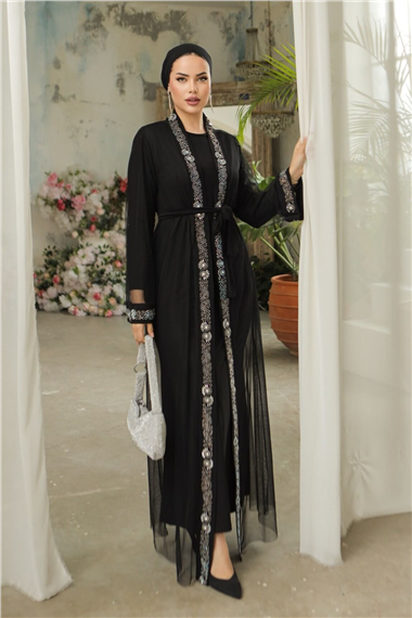 Manşetleri Taş İşlemeli Kemerli İkili Abaya Takım -Siyah