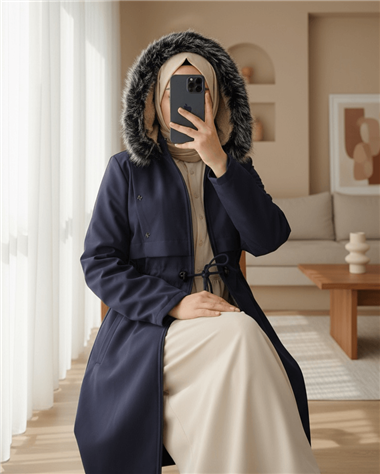 معطف طويل بغطاء للرأس مع تفاصيل نجمة معدنية - أزرق داكن