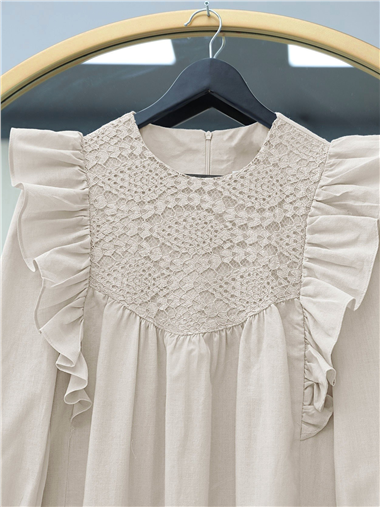 Omuz Fırfırlı Robası Dantel İşlemeli Poplin Tunik    -Taş