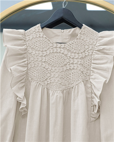 Omuz Fırfırlı Robası Dantel İşlemeli Poplin Tunik    -Taş