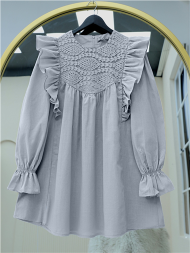 Omuz Fırfırlı Robası Dantel İşlemeli Poplin Tunik  -Gri
