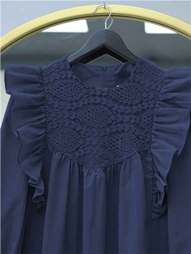 Omuz Fırfırlı Robası Dantel İşlemeli Poplin Tunik   -Laci