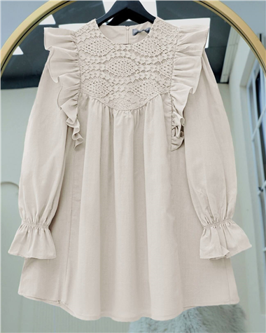 Omuz Fırfırlı Robası Dantel İşlemeli Poplin Tunik    -Taş