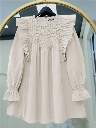 Omuz Fırfırlı Robası Dantel İşlemeli Poplin Tunik    -Taş