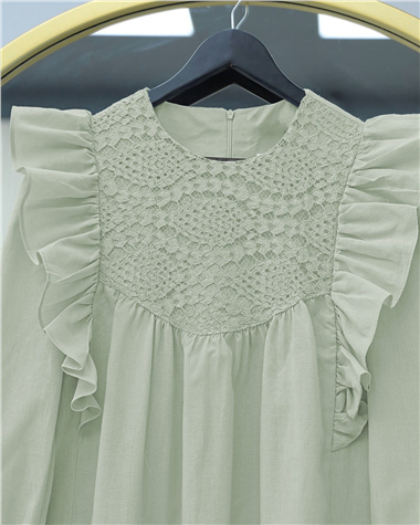 Omuz Fırfırlı Robası Dantel İşlemeli Poplin Tunik     -Su Yeşili
