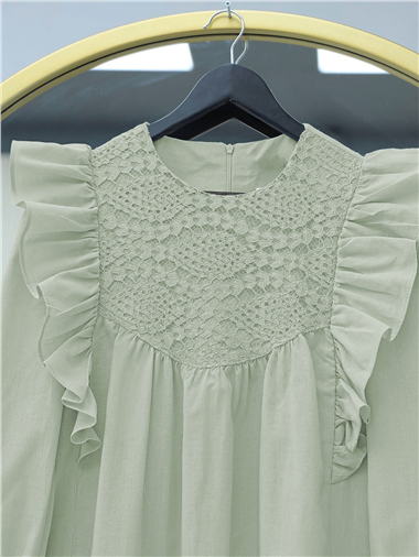 Omuz Fırfırlı Robası Dantel İşlemeli Poplin Tunik     -Su Yeşili