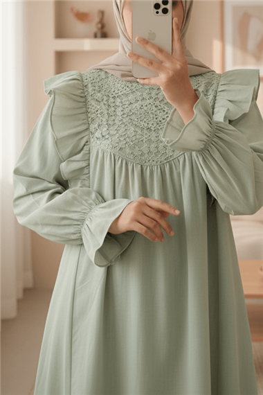 Omuz Fırfırlı Robası Dantel İşlemeli Poplin Tunik     -Su Yeşili