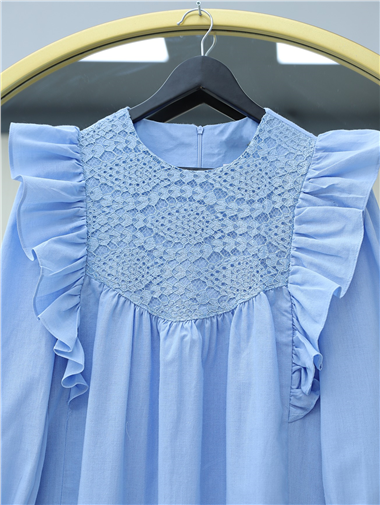Omuz Fırfırlı Robası Dantel İşlemeli Poplin Tunik  -Mavi