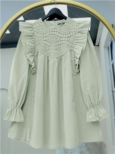 Omuz Fırfırlı Robası Dantel İşlemeli Poplin Tunik     -Su Yeşili