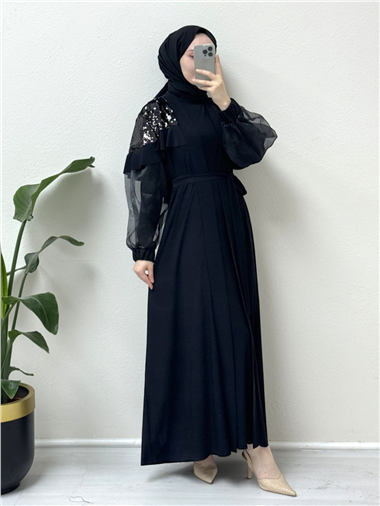 Omuzları Pul Payet Kolu Tül İkili Abaya -Siyah