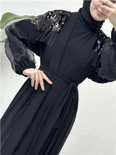 Omuzları Pul Payet Kolu Tül İkili Abaya -Siyah