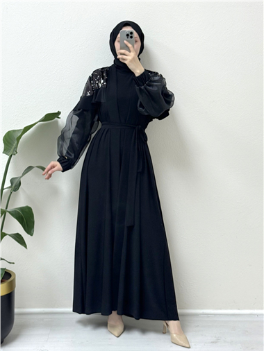 Omuzları Pul Payet Kolu Tül İkili Abaya -Siyah