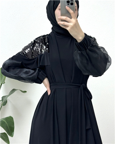 Omuzları Pul Payet Kolu Tül İkili Abaya -Siyah