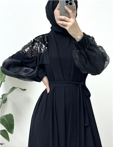 Omuzları Pul Payet Kolu Tül İkili Abaya -Siyah