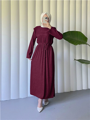 Omuzu Vatkalı Bağcıklı Bürümcük Elbise -Bordo
