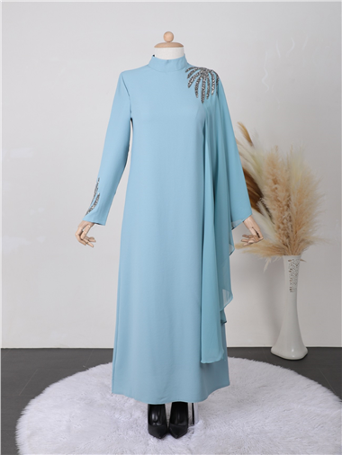 Omuzu ve Kolu Taşlı Şifon Detaylı Krep Elbise -Mint