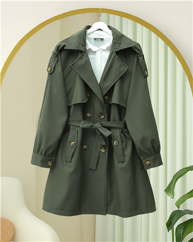 Omzu Apoletli Çift Düğmeli Bolerolu  Cepli Kemerli Trençkot  -Haki