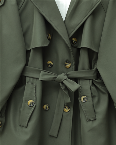 Omzu Apoletli Çift Düğmeli Bolerolu  Cepli Kemerli Trençkot  -Haki