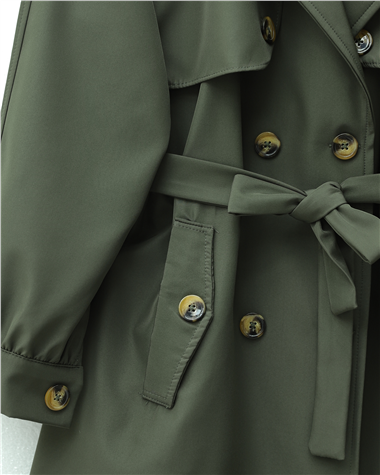 Omzu Apoletli Çift Düğmeli Bolerolu  Cepli Kemerli Trençkot  -Haki