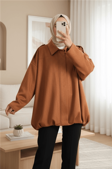 Omzu Apoletli Önü Fermuarlı Astarlı Süet Ceket -Taba