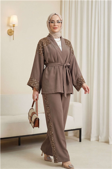 Omzu Ve Kolu Pul Payet Kemerli Pantolonlu Keten Kimono Takım  -Toprak