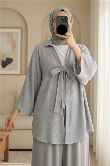 Önden Bağlamalı Krınkıl Kimono  -Gri