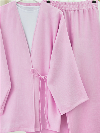 Önden Bağlamalı Pantolonlu Kimono Takım         -Pembe