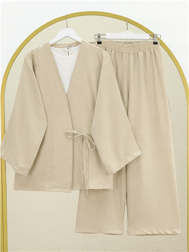Önden Bağlamalı Pantolonlu Kimono Takım -Bej